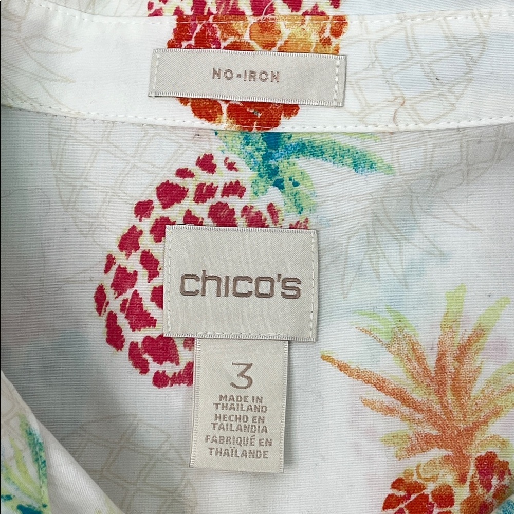 CHICO’S PINEAPPLE BUTTON UP NO IRON BLOUSE GOLD BUTTONS ROLL UP SLEEVES SZ 3 - Picture 8 of 11